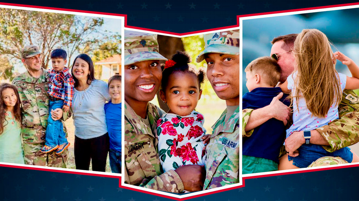 Collage of three military families on a red, white, and blue background