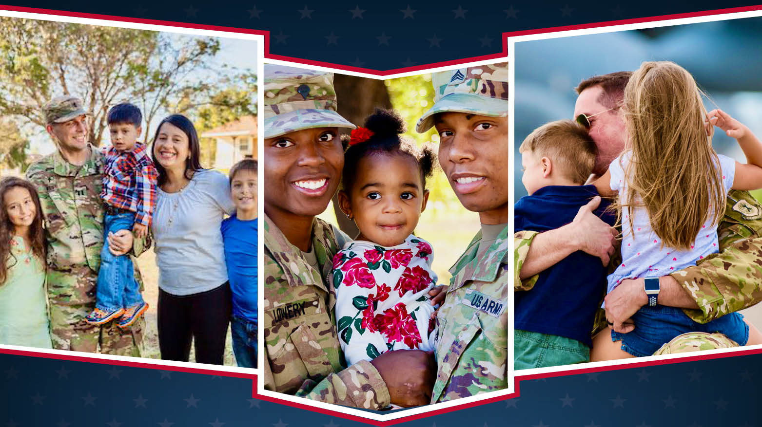 Collage of three military families on a red, white, and blue background